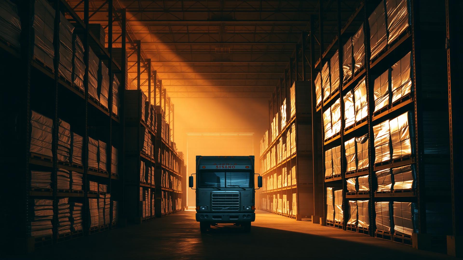 Warehouse aisle stacked with shrink-wrapped merchandise pallets beside a loading dock